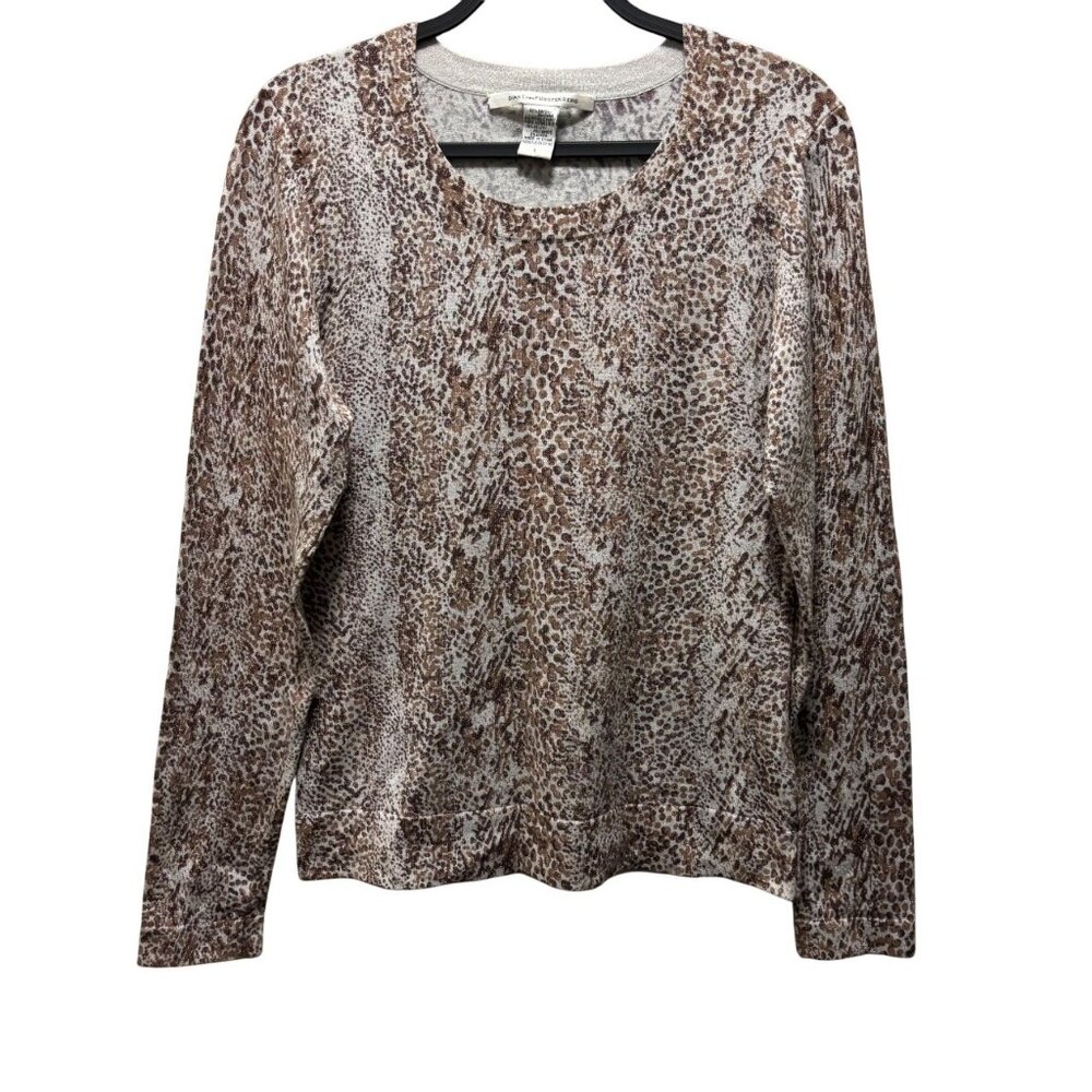 Diane Von Furstenberg Womens Long Sleeve Leopard Print Metallic Top Size L